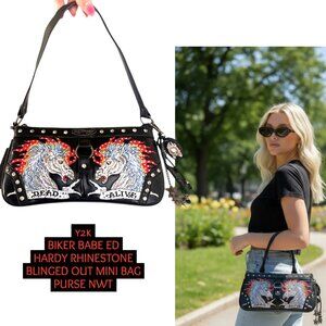 Y2K BLACK MINI ED HARDY RHINESTONE BLINGED OUT BIKER SHOULDER BAG NWT